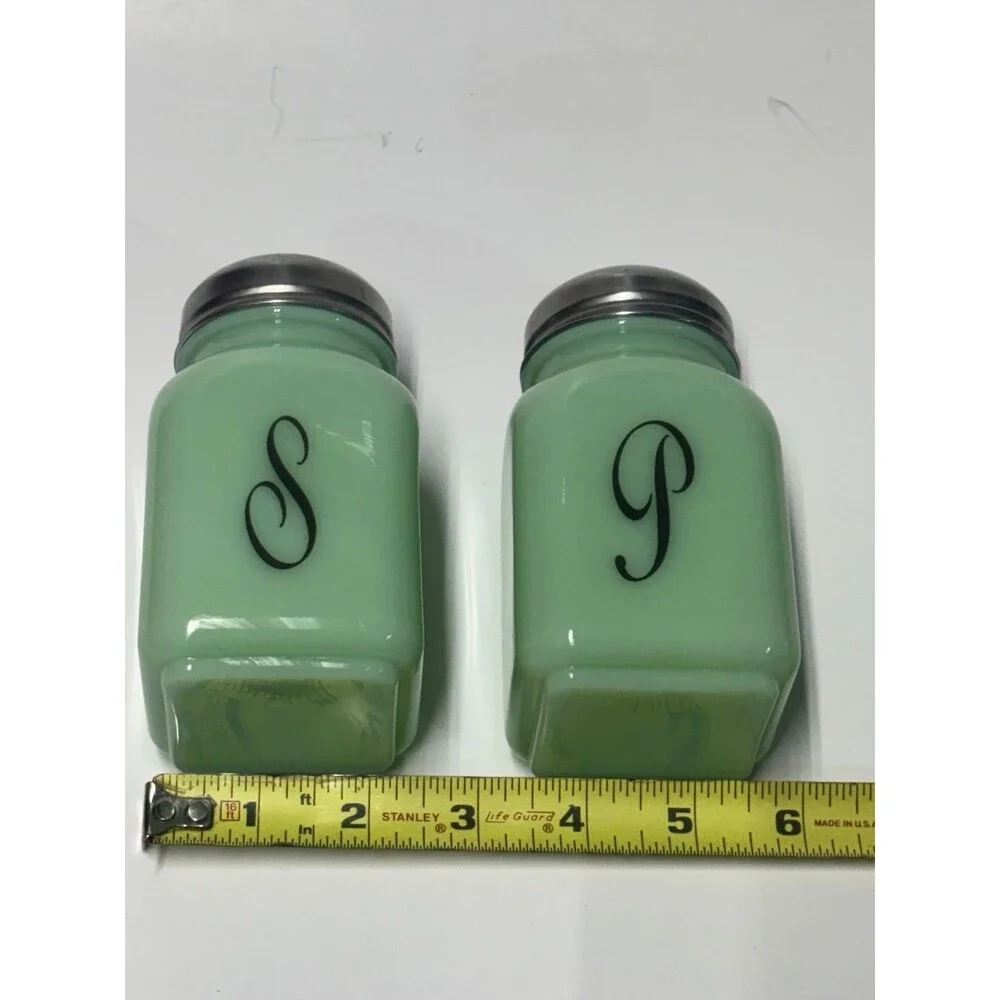 Mosser Glass Jadeite Green Monogram S & P Salt Pepper Shakers Set Vintage Style